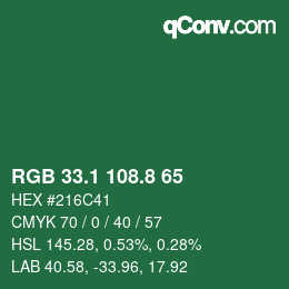 カラーコード: RGB 33.1 108.8 65 | qconv.com