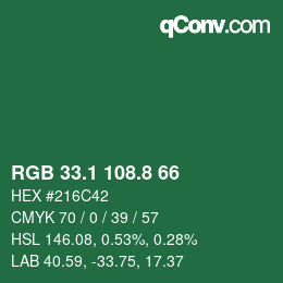 カラーコード: RGB 33.1 108.8 66 | qconv.com
