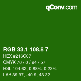 カラーコード: RGB 33.1 108.8 7 | qconv.com
