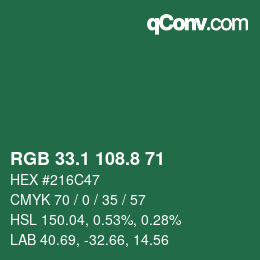 カラーコード: RGB 33.1 108.8 71 | qconv.com