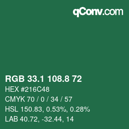 カラーコード: RGB 33.1 108.8 72 | qconv.com