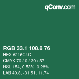 カラーコード: RGB 33.1 108.8 76 | qconv.com