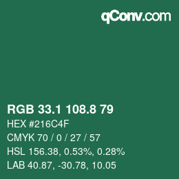 カラーコード: RGB 33.1 108.8 79 | qconv.com