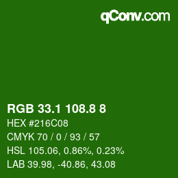 カラーコード: RGB 33.1 108.8 8 | qconv.com