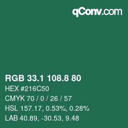 カラーコード: RGB 33.1 108.8 80 | qconv.com