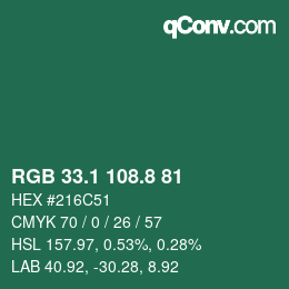 カラーコード: RGB 33.1 108.8 81 | qconv.com