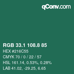 カラーコード: RGB 33.1 108.8 85 | qconv.com