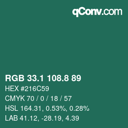 カラーコード: RGB 33.1 108.8 89 | qconv.com