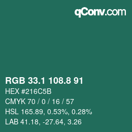 カラーコード: RGB 33.1 108.8 91 | qconv.com