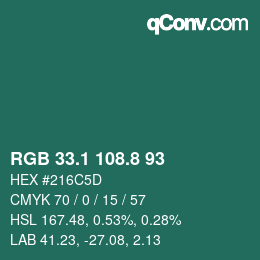 カラーコード: RGB 33.1 108.8 93 | qconv.com