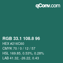 カラーコード: RGB 33.1 108.8 96 | qconv.com