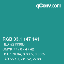 カラーコード: RGB 33.1 147 141 | qconv.com