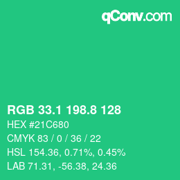 カラーコード: RGB 33.1 198.8 128 | qconv.com