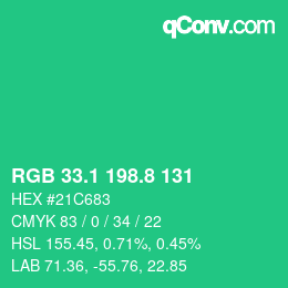 颜色代码: RGB 33.1 198.8 131 | qconv.com
