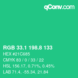 カラーコード: RGB 33.1 198.8 133 | qconv.com