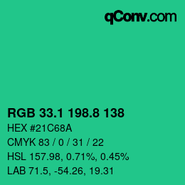 カラーコード: RGB 33.1 198.8 138 | qconv.com