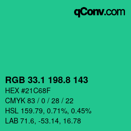 カラーコード: RGB 33.1 198.8 143 | qconv.com