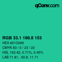 カラーコード: RGB 33.1 198.8 153 | qconv.com