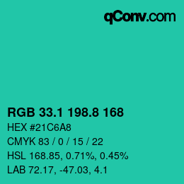 カラーコード: RGB 33.1 198.8 168 | qconv.com