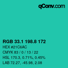 カラーコード: RGB 33.1 198.8 172 | qconv.com