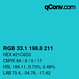カラーコード: RGB 33.1 198.8 211 | qconv.com