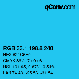 カラーコード: RGB 33.1 198.8 240 | qconv.com