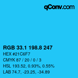 カラーコード: RGB 33.1 198.8 247 | qconv.com