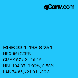 カラーコード: RGB 33.1 198.8 251 | qconv.com