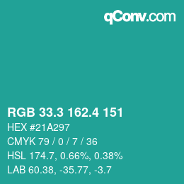 カラーコード: RGB 33.3 162.4 151 | qconv.com