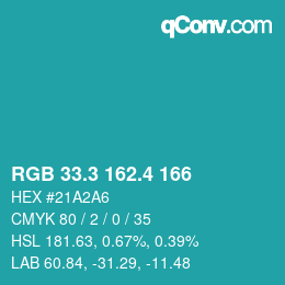 カラーコード: RGB 33.3 162.4 166 | qconv.com