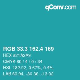 カラーコード: RGB 33.3 162.4 169 | qconv.com
