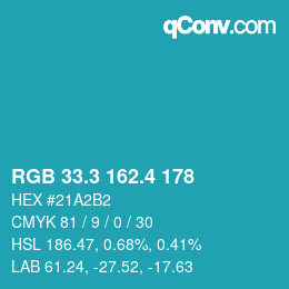 カラーコード: RGB 33.3 162.4 178 | qconv.com