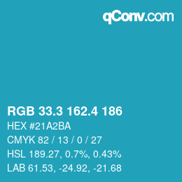カラーコード: RGB 33.3 162.4 186 | qconv.com
