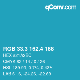 カラーコード: RGB 33.3 162.4 188 | qconv.com