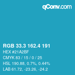カラーコード: RGB 33.3 162.4 191 | qconv.com