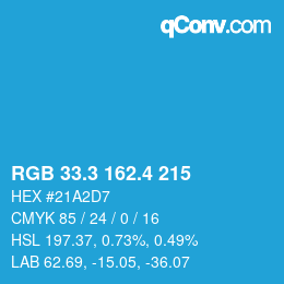 カラーコード: RGB 33.3 162.4 215 | qconv.com