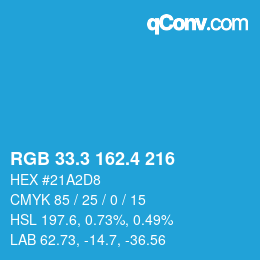 カラーコード: RGB 33.3 162.4 216 | qconv.com