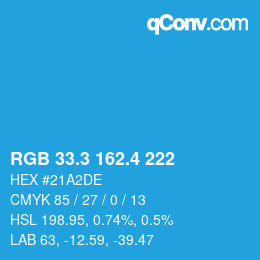 カラーコード: RGB 33.3 162.4 222 | qconv.com