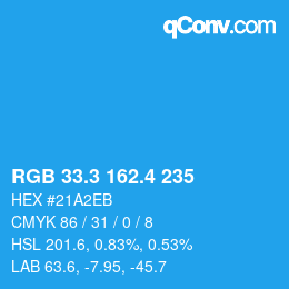 カラーコード: RGB 33.3 162.4 235 | qconv.com