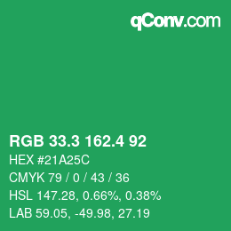 カラーコード: RGB 33.3 162.4 92 | qconv.com