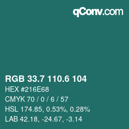 カラーコード: RGB 33.7 110.6 104 | qconv.com