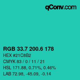 カラーコード: RGB 33.7 200.6 178 | qconv.com