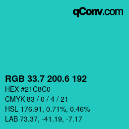 カラーコード: RGB 33.7 200.6 192 | qconv.com