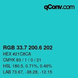 カラーコード: RGB 33.7 200.6 202 | qconv.com