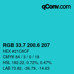 カラーコード: RGB 33.7 200.6 207 | qconv.com