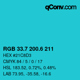 カラーコード: RGB 33.7 200.6 211 | qconv.com