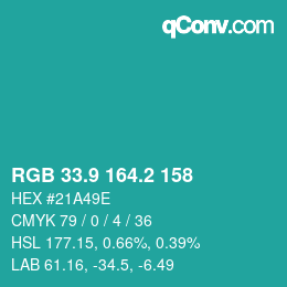 カラーコード: RGB 33.9 164.2 158 | qconv.com
