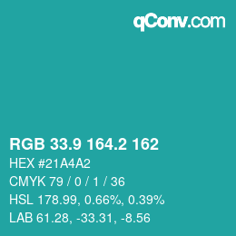 カラーコード: RGB 33.9 164.2 162 | qconv.com