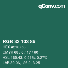 Color code: RGB 33 103 86 | qconv.com