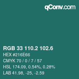 カラーコード: RGB 33 110.2 102.6 | qconv.com